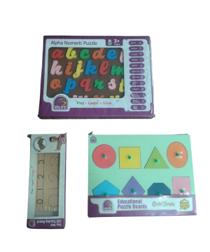 Hilife Wooden Learning Combo – Cursive Alphabet Puzzle 3 Layer, Shape Puzzle & Tiny Tots 123