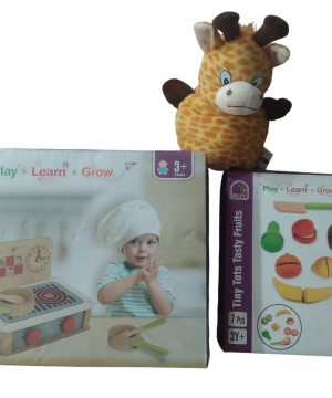 Hilife Wooden Play & Learn Combo – Gas Stove Kitchen Set, Tiny Tots Fruits & Flip O Toys (20 cm)